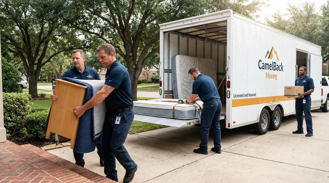 Crew loading residential truck for cross-state move from Malakoff, TX