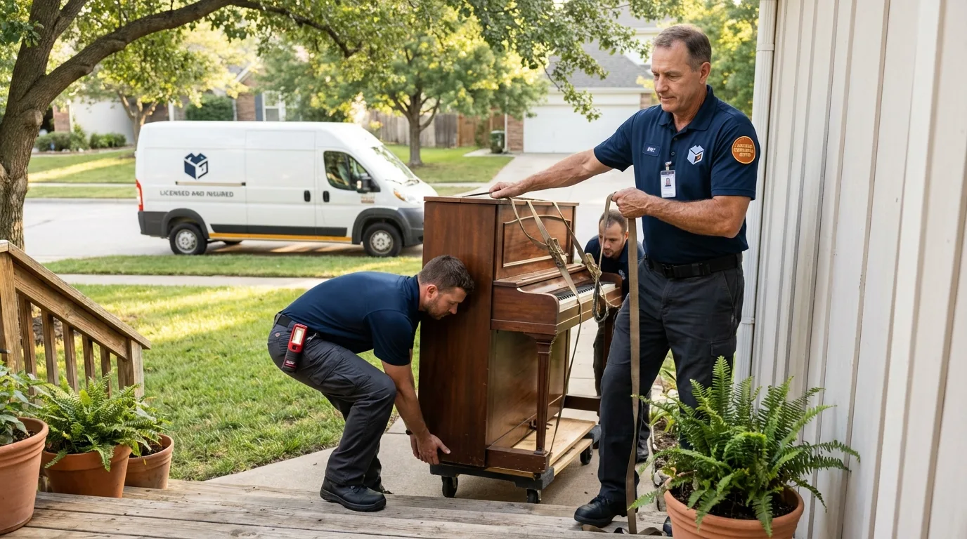Licensed piano movers securing grand piano in Malakoff, TX