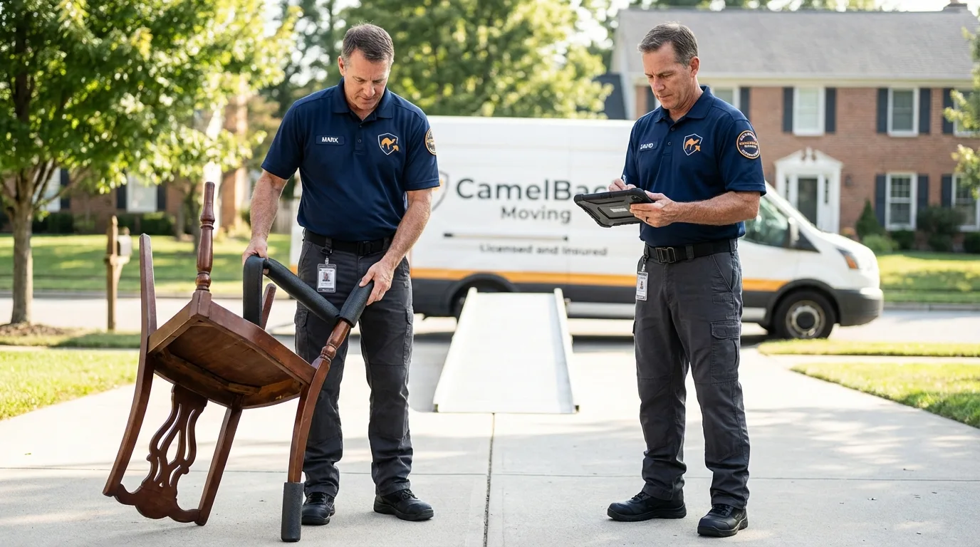 Movers inspecting furniture for damage prevention before loading in Malakoff, TX